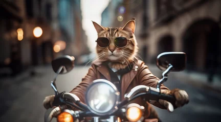 Tuinposter cat biker rides a motorcycle in a sunny city, cat motorcyclist © velimir