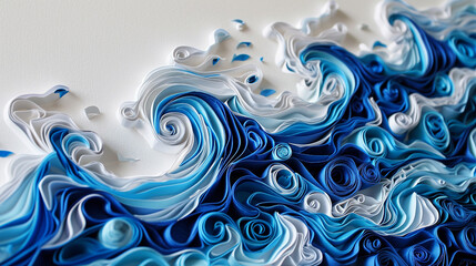 A beautifully crafted paper quilling pattern, resembling a flowing river in shades of blue and white, placed at the bottom edge, allowing space above for text.