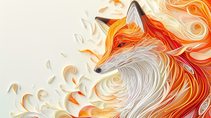 A paper quilled fox, with rich oranges and whites, skillfully positioned in the lower left corner, leaving a vast space above and to the right for copy.