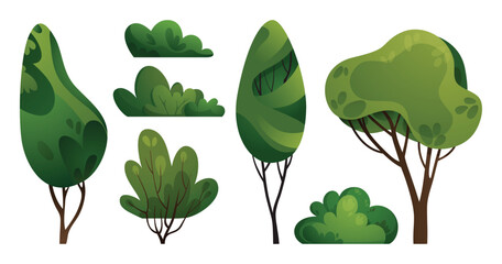 Green trees and bushes. Forest, garden, or park landscape plants. Collection of spring or summer tree and bush vector illustrations. Cartoon plants set for banners, cards, covers, and web design.