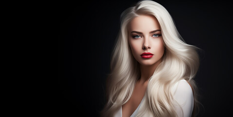 Fototapeta premium Beautiful girl with long blonde hair on the black background. Glossy groomed white hair coiffure. Space for text