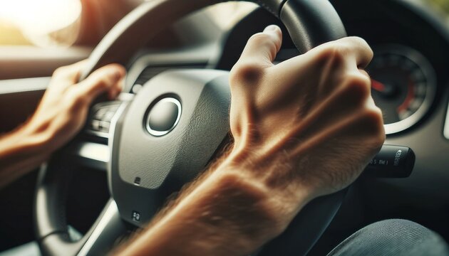 Man driving a car. Close up of male hands on steering wheel