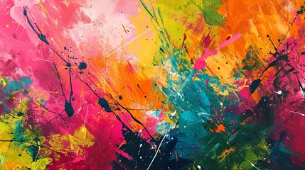 Poster A vibrant, abstract explosion of tropical colors, with splashes of hot pink, vivid orange, and lime green, suggesting a lively, festive atmosphere. © Noreen