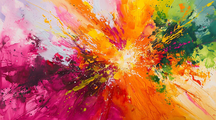 A vibrant, abstract explosion of tropical colors, with splashes of hot pink, vivid orange, and lime green, suggesting a lively, festive atmosphere.