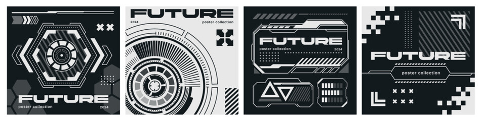 Set of modern futuristic posters. Abstract sci fi banners in Hi tech cyberpunk style. Black and white technology flyers and covers. Cartoon flat vector collection isolated on white background