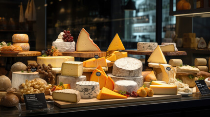 showcase with different cheeses, Maasdam, Camembert, Parmesan, ricotta, Brie, Dor Blue, Gouda, Feta, Swiss, shop, restaurant, cheese factory, cheddar, dairy products - obrazy, fototapety, plakaty
