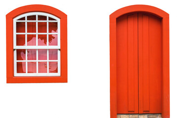 Colonial style door and window in orange on a transparent background.