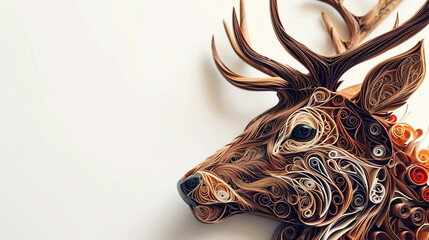 An artistically quilled deer, with a majestic antler display in natural browns, placed in the lower left corner, offering ample copyspace in the rest of the image.