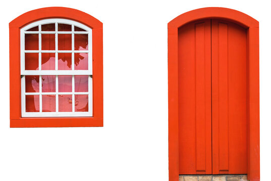 Colonial style door and window in orange on a transparent background.