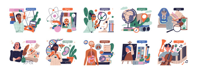 Fototapeta premium Set of school educational subjects. Maths, chemistry, history and biology. Lesson in class. Study and learning. Physics, literature and art. Cartoon flat vector collection isolated on white background