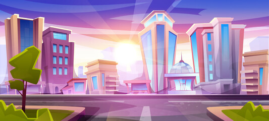 Urban skyline in morning. Landscape with city architecture, buildings and skyscrapers at sunrise or sunset. Metropolis with houses and real estate. Background design. Cartoon flat vector illustration