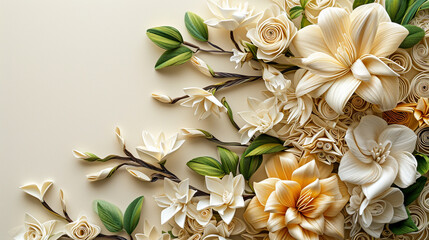 an elegant paper quilling arrangement with gardenias and magnolias in soft colors, focusing on intricate details and leaving room for copy text. No blurring, human elements, or specific references.