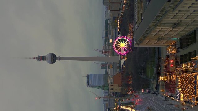Berlin Alex christmas Market Winter Evening. Nice aerial top view flight drone