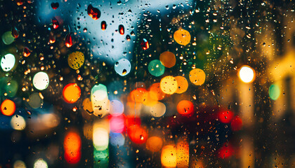 Krople deszczu na szybie, za którą świecą kolorowe światła miasta w nocy. - obrazy, fototapety, plakaty