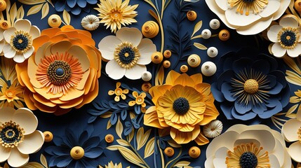 Seamless pattern of a 3D illustration featuring paper quilling of wildflower poppy floral, a floral paper filigree seamless pattern. 
 - obrazy, fototapety, plakaty