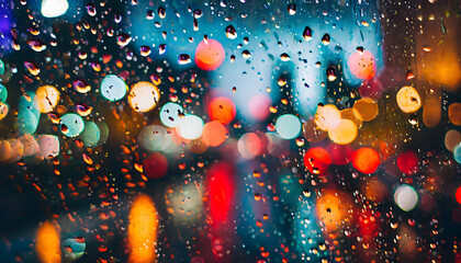 Krople deszczu na szybie, za którą świecą kolorowe światła miasta w nocy.