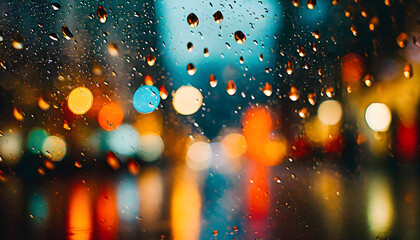 Krople deszczu na szybie, za którą świecą kolorowe światła miasta w nocy. - obrazy, fototapety, plakaty