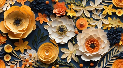 Seamless pattern of a 3D illustration featuring paper quilling of wildflower poppy floral, a floral paper filigree seamless pattern. 
