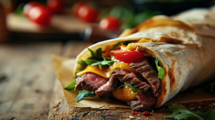 Steak and cheese wrap with the vegetables and herbs