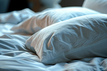 Literie, couette et oreiller. Linge de maison blanc, lit. Hôtellerie, chambre à coucher, intérieur. Fond pour conception et création graphique.