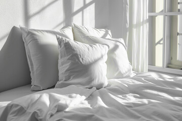 Literie, couette et oreiller. Linge de maison blanc, lit. Hôtellerie, chambre à coucher, intérieur. Fond pour conception et création graphique.