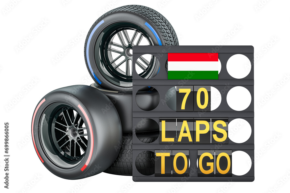 Poster hungarian racing, pit board with flag of hungary and racing wheels with different compounds type tyr