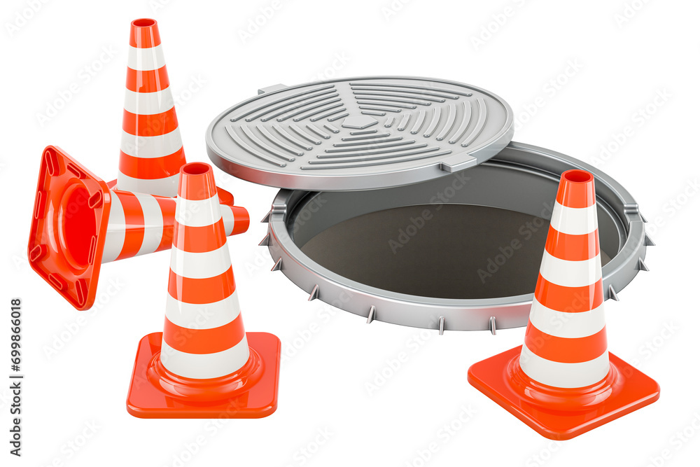 Aufkleber traffic cones and manhole, 3d rendering isolated on transparent background