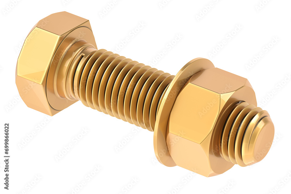 Poster copper bolt with nut and washer, 3d rendering isolated on transparent background