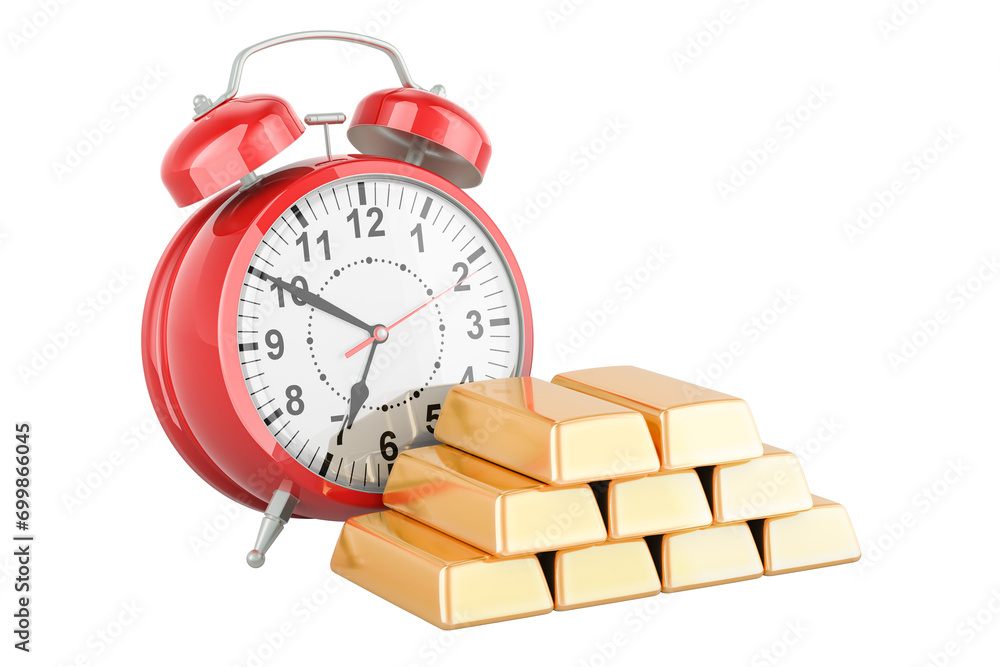 Poster gold ingots with alarm clock, 3d rendering isolated on transparent background