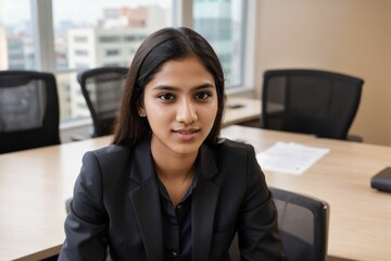 A professional worker in a business office environment wearing formal attire working in an office