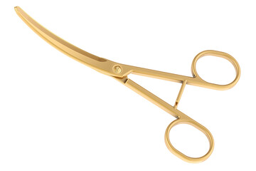 Golden Surgical Medical Scissors Curved. 3D rendering isolated on transparent background