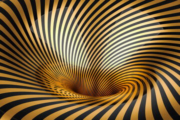 Striped spiral abstract tunnel background. Optical illusion funnel. Twisted beams, 3D rendering