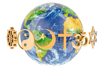 Earth Globe with religions symbols around, 3D rendering isolated on transparent background