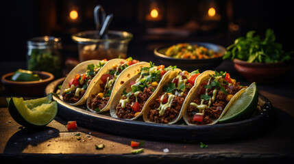 Mexican tacos stuffed with meat and vegetables, national food, delicious appetizer, tortilla, spicy, dish, lunch, dinner, traditional cuisine