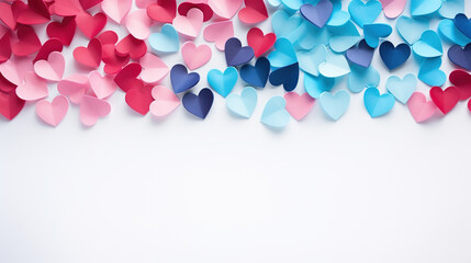 Stylish background of pink and blue hearts on a white background with space for text. Valentine's day background with blue and pink hearts on white, flat lay. A perfect template for a birthday.