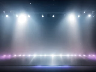 Fotobehang Palco da concerto vuoto con faretti illuminati e fumo. Sfondo del palco con spazio per la pubblicità © Alfons Photographer