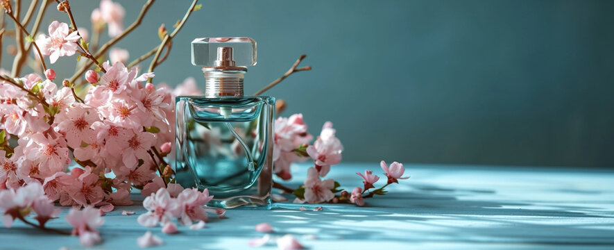 Petit flacon de parfum entour&eacute; de plantes et fleurs de cerisier roses. Arri&egrave;re-plan bleu, turquoise. Ombre et lumi&egrave;re. Nature, beaut&eacute;, cosm&eacute;tique, soin. Fond pour conception et cr&eacute;ation graphique.