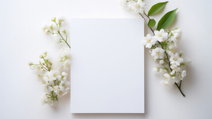 Feuille de papier blanc entourée de fleurs, plantes, branchages. Composition florale. Mock-up pour carte, création et conception graphique. Arrière-plan clair, épuré, naturel. 