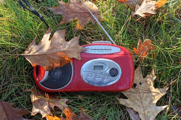 one old red mini mobile tape recorder with radio and black speaker lies among dry brown fallen...