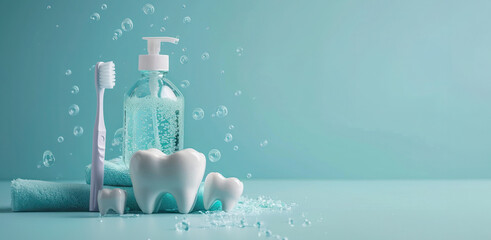 Tooth model, mouthwash and toothbrush with on pastel blue background. People's dental hygiene, banner. - obrazy, fototapety, plakaty