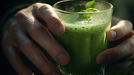 hand holding a glass of fresh green juice