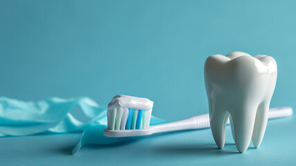 White tooth, tube of toothpaste and toothbrush with on pastel blue background. People's dental hygiene.