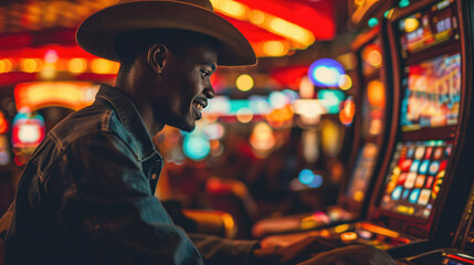 African American man wearing a hat playing a slot machine in a casino - obrazy, fototapety, plakaty