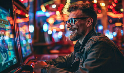 Happy young man playing a slot machine in a casino - obrazy, fototapety, plakaty