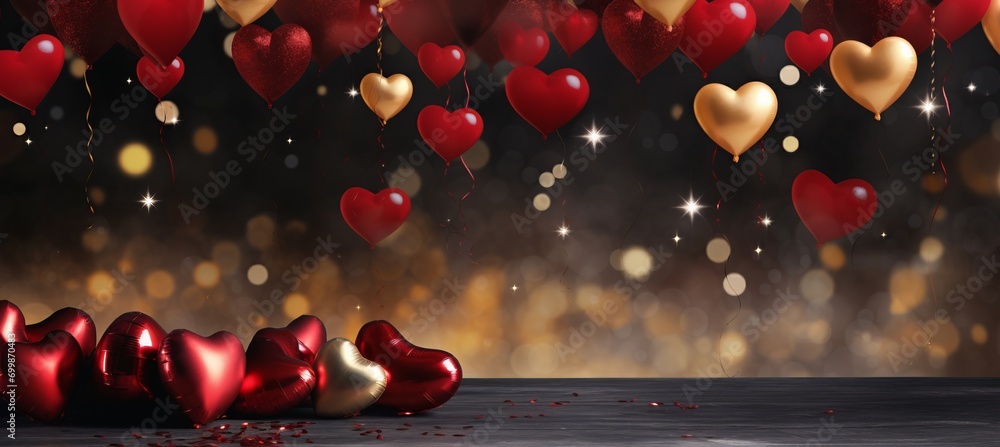 Poster golden and dark red metallic balloons with confetti and ribbons event card with text space