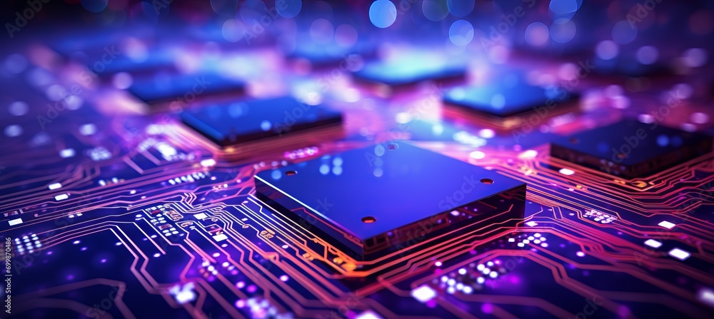 Poster shimmering bokeh backdrop with digital circuit patterns in bright technological theme