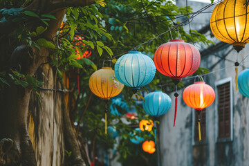 Paper lanterns hanging and decorating the old streets at sunset. Cozy and festive atmosphere during Chinese New Year.