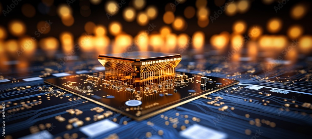 Poster close up of intricate circuitry and glowing components on computer chip with dreamy bokeh background