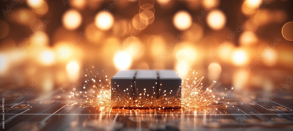 Poster soft and dreamy blurred bokeh background with glowing computer chip and intricate circuitry