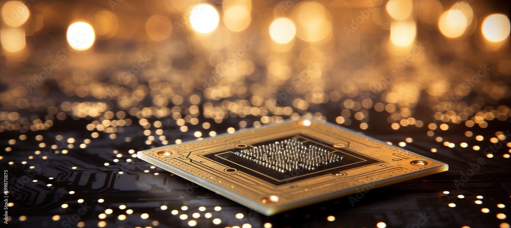 Poster dreamy bokeh background with intricate computer chip circuitry and glowing components